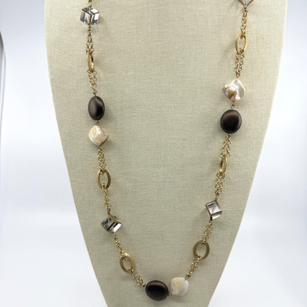 Gold-Tone Long Station Necklace Brown Matte Iridescent Bead Layering Classic